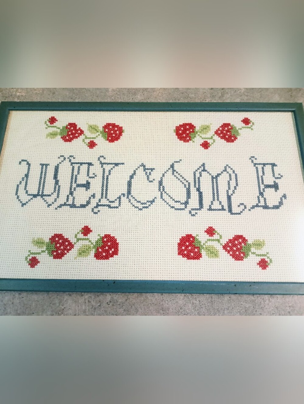 Vintage Needlepoint Strawberry Welcome Sign with Teal Frame (15"L X 9" H)
